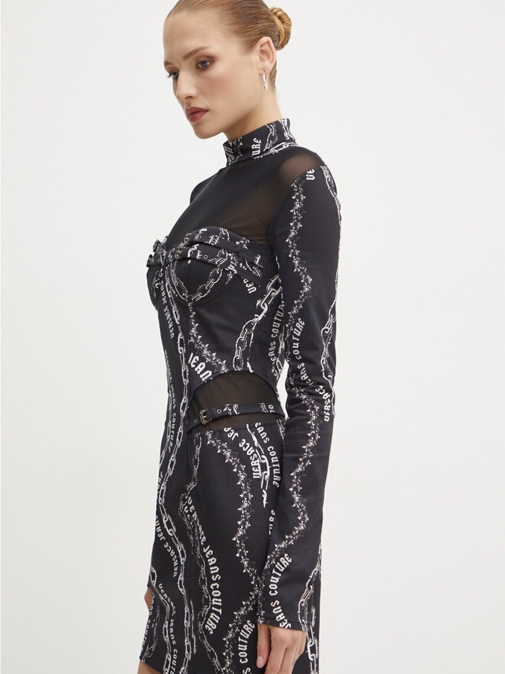 Versace Black and White Chain-Print Midi Dress